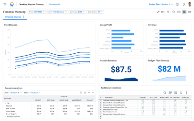 Screenshot of Financial Planning overview dashboard showing data tables of Profit Margin, Gross Profit, Revenue, Scenario Analysis, and more.