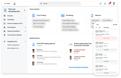 The time and scheduling hub is a centralised view for managers to handle all of their day-to-day operations. 