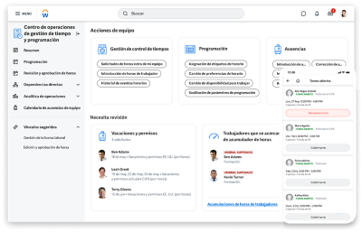 El hub de horas y planificación de horarios es una vista centralizada en la que los mánagers pueden gestionar todas sus operaciones cotidianas. 