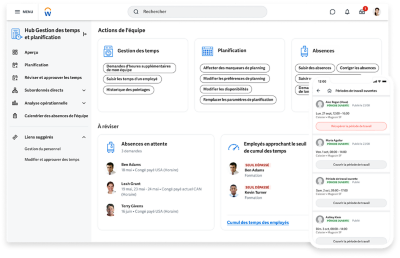 Le centre de gestion du temps et des horaires est une vue centralisée permettant aux responsables de gérer toutes leurs opérations quotidiennes. 