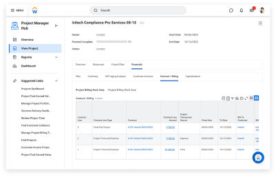 Workday Services CPQ: Arbeitsbereich für die Fakturierung im Rahmen des Projektvertrags