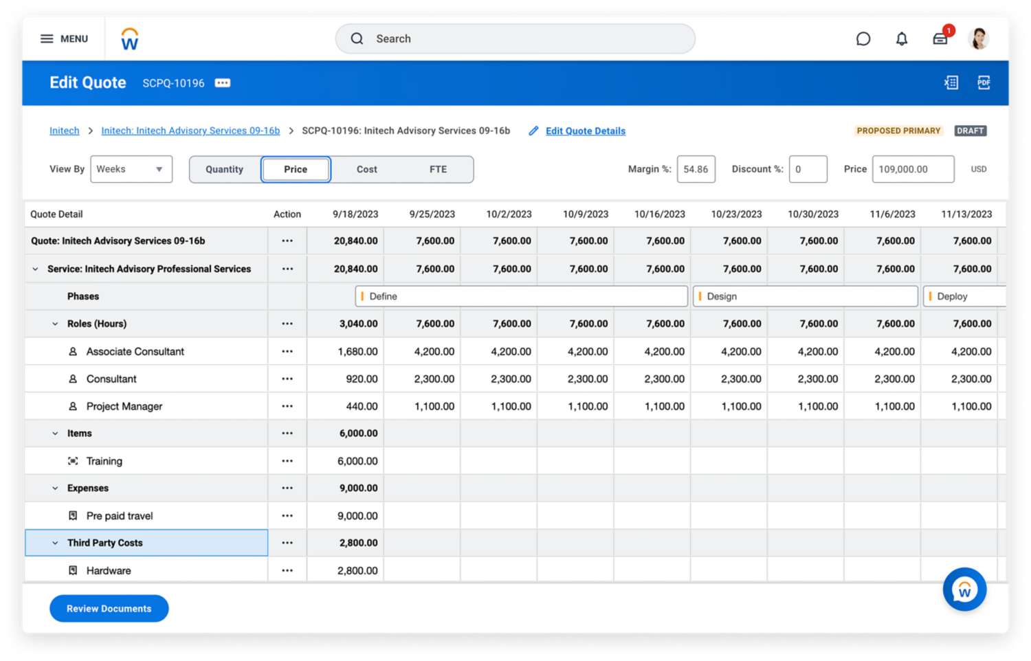 Tableau de bord de création de devis dans Workday Services CPQ (configuration, tarification, établissement de devis). Logiciel CPQ