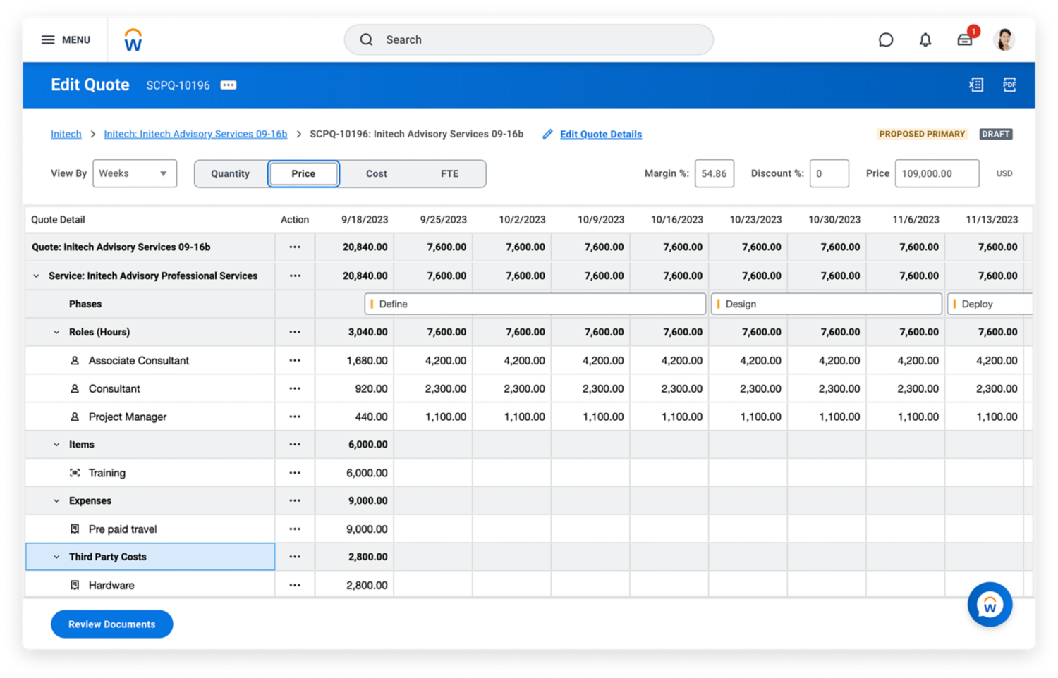 Workday Services CPQ (Configure, Price, Quote) Create Quote dashboard. CPQ software