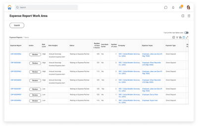 Desktop screen that shows the expense report work area and risk score.