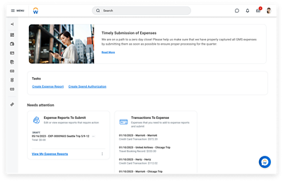 Desktop screen that shows the expenses hub