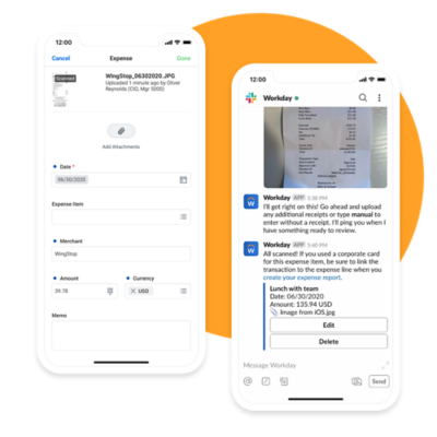 Two mobile phones showing a receipt that was scanned and uploaded.