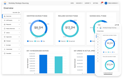Workday Strategic Sourcing muestra métricas de ahorros identificados, ahorros conseguidos y ahorros objetivo, vistos en un dispositivo de escritorio y móvil. 