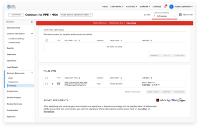 Screenshot of contract management dashboard displaying documentation for contract execution.