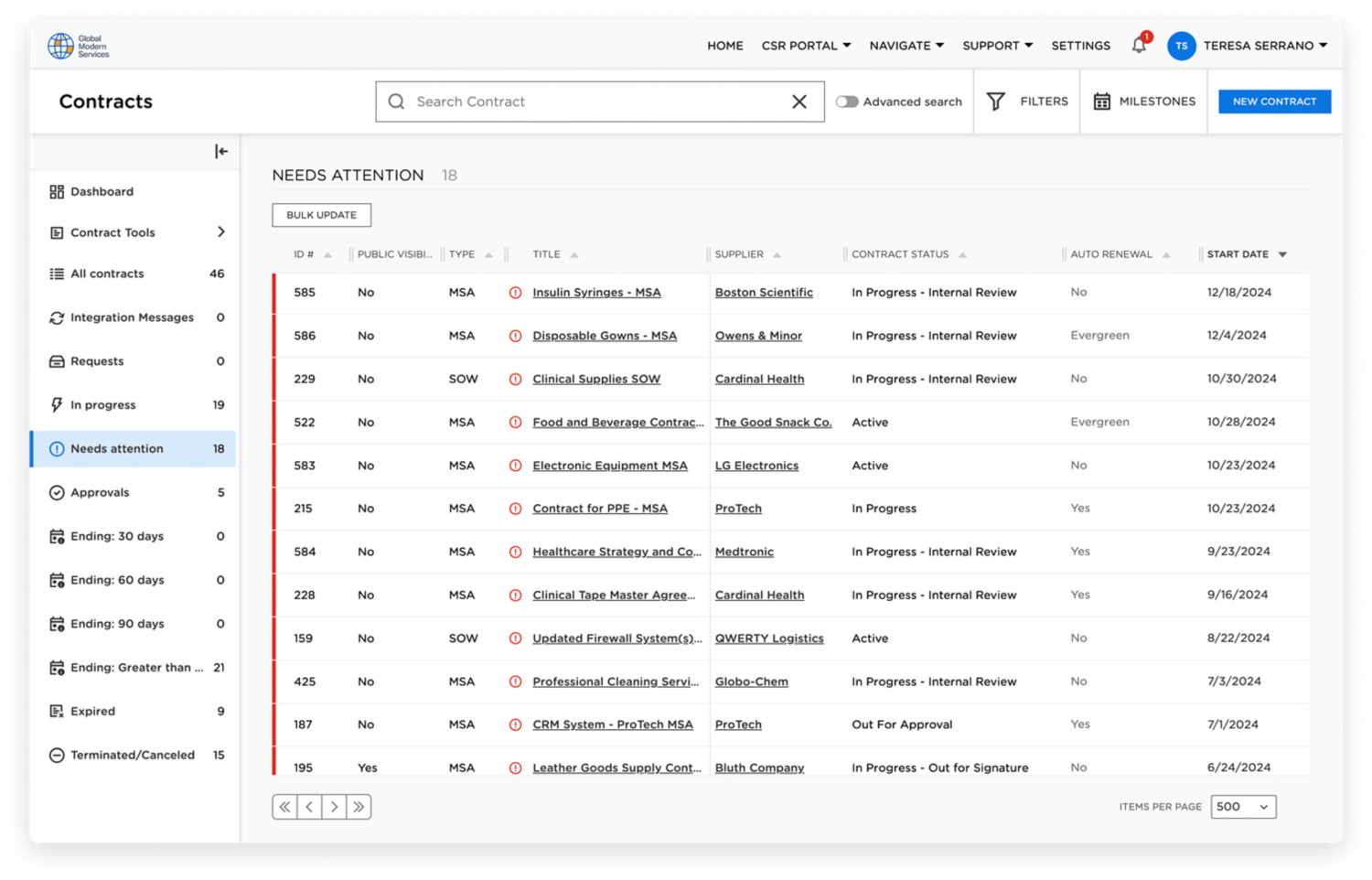 Screenshot of supplier contracts listing in Workday application.