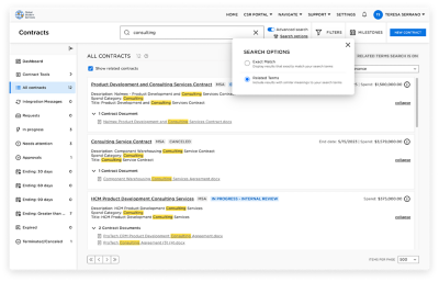 Screenshot of contract management dashboard displaying search capabilities