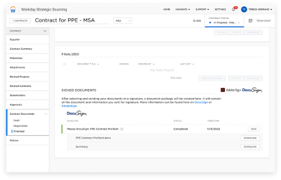 Capture d’écran du résumé d’un contrat de fournisseur dans l’application Workday pour ordinateur.