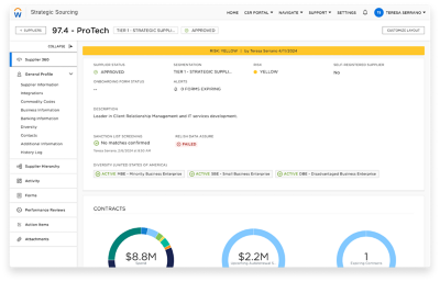 A Workday Strategic Sourcing dashboard showing supplier details in the supplier directory.
