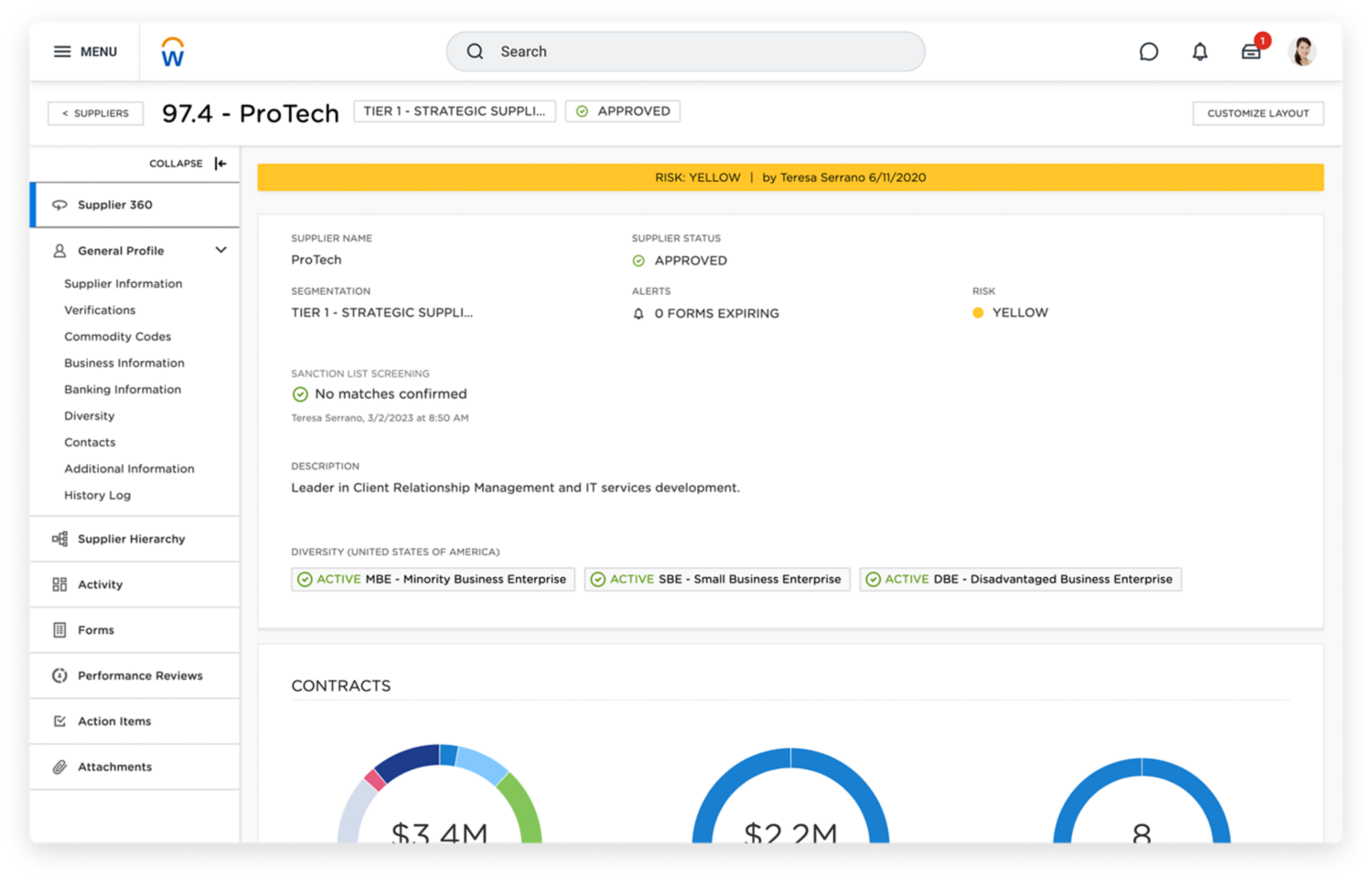 Tableau de bord Supplier 360 dans Workday Strategic Sourcing sur ordinateur