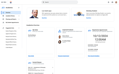Desktop view of the Academics Hub displaying holds, important contacts, and registration appointments.
