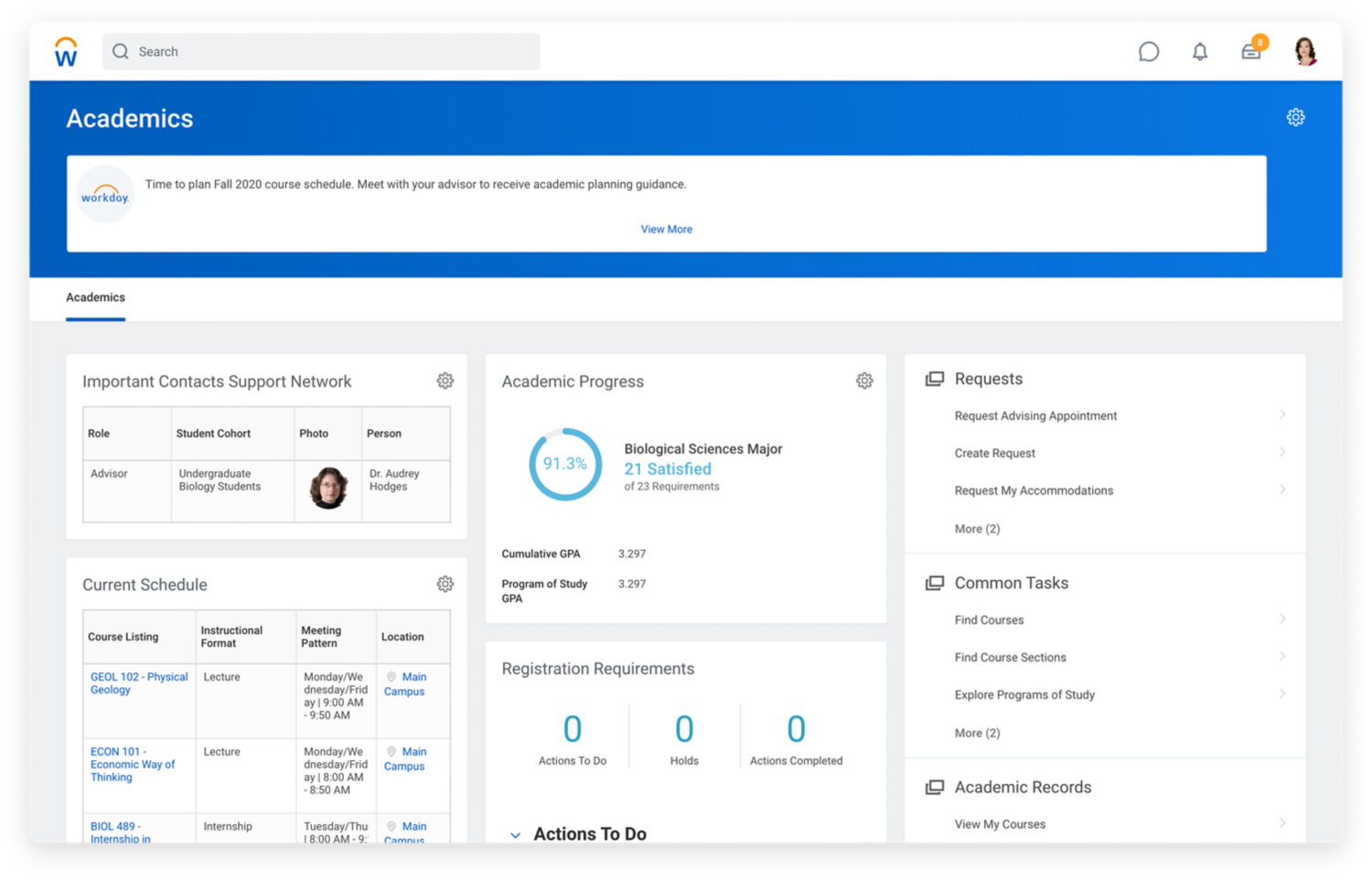 Academics dashboard showing support network contacts, schedule, progress, and registration requirements.