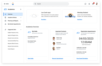 A desktop view of the Academics Hub displaying holds, important contacts, and registration appointments.