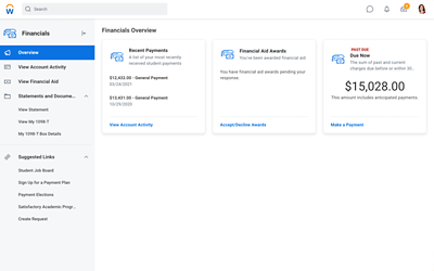 A student financial overview statement showing recent payments, financial aid, and dues.