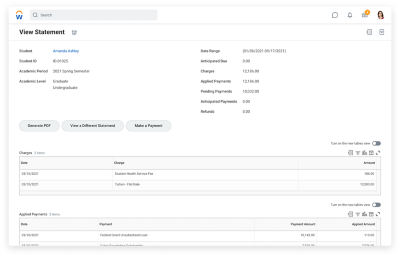 学生财务声明显示指控和应用付款。