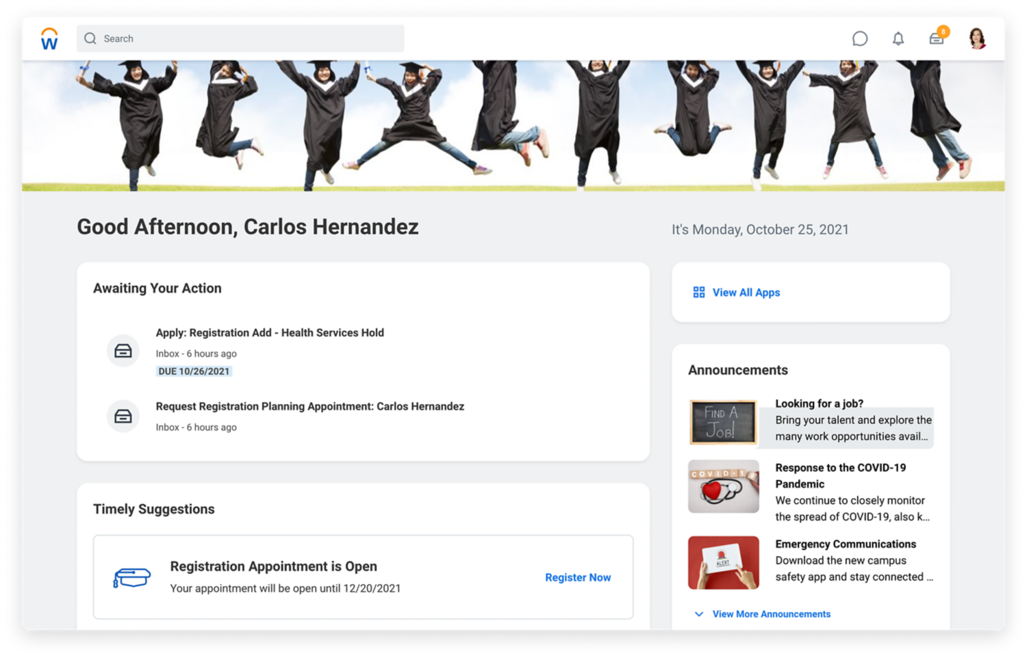 Student profile dashboard displaying awaiting actions, timely suggestions, and related announcements.