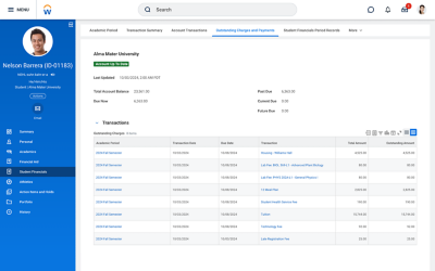 Student Finance Dashboard showing the Outstanding Charges and Payments section with student account balance and log of recent transactions.