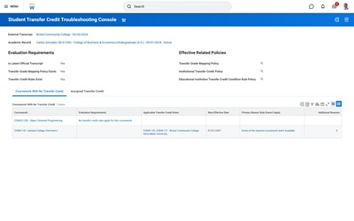 Dashboard showing student transfer credit troubleshooting console on desktop.