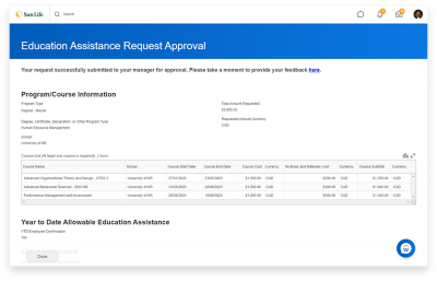La pantalla de la aplicación que Sun Life creó con Workday Extend muestra la lista de solicitudes de aprobación de asistencia educativa