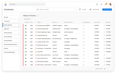 供应商合同清单的截图在工作日的应用程序。