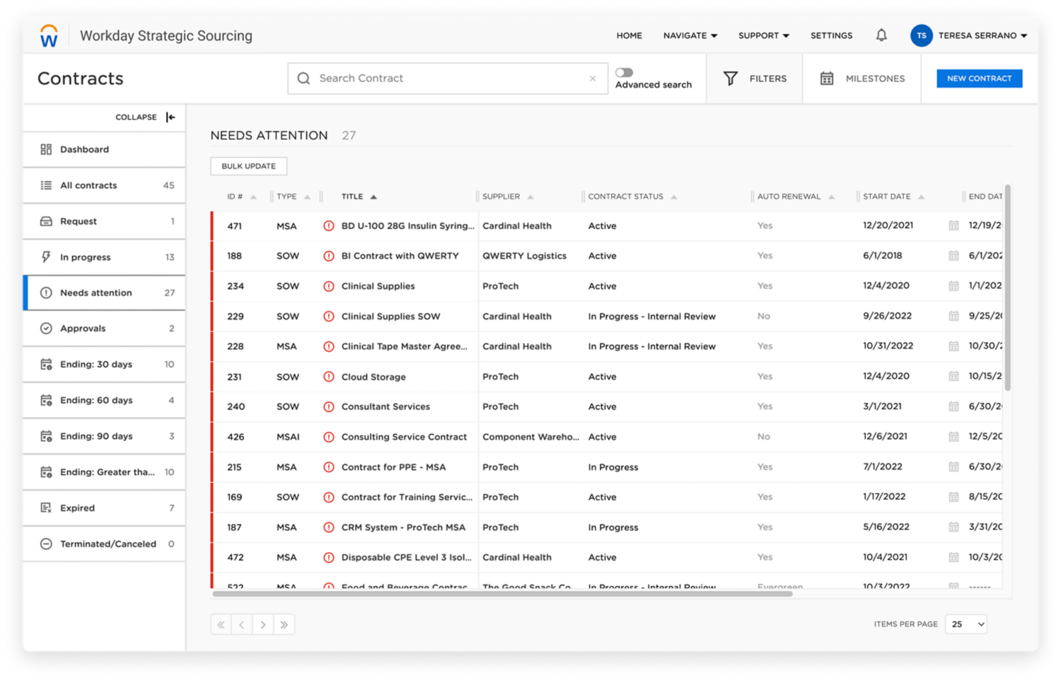 Screenshot of supplier contracts listing in Workday application.