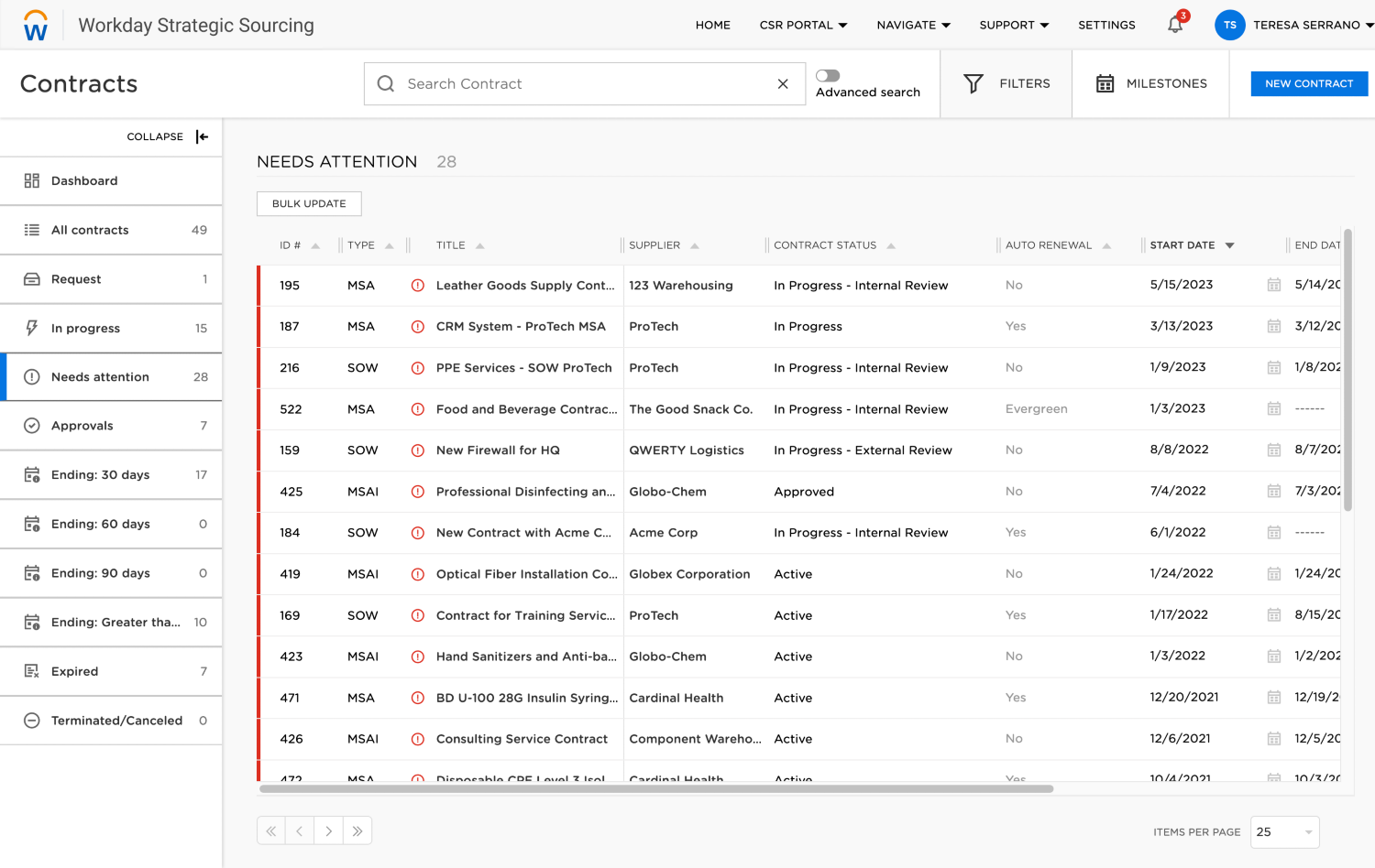 Capture d'écran de la liste des contrats fournisseurs dans Workday