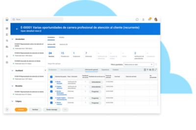 Espacio de trabajo de reclutamiento en el que se muestran peticiones abiertas y candidatos.