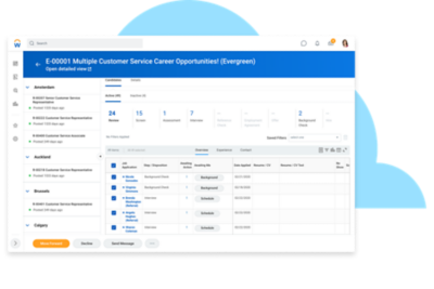 Recruiting workspace showing open requisitions and applicants.