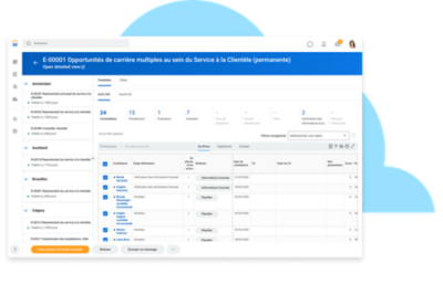 Espace de recrutement montrant les offres de poste et les candidats.