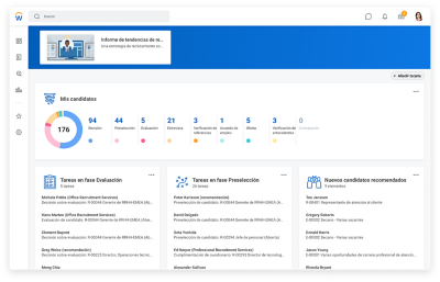Hub de reclutamiento que muestra mis candidatos, las tareas de evaluación, la pantalla de tareas y los nuevos candidatos con referencias.