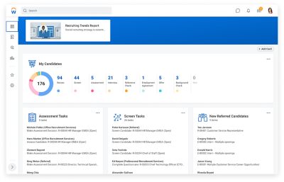 Recruiting hub showing my candidates, assessment tasks, screen tasks, and new referred candidates.