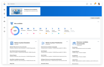 Hub Recrutement montrant les candidats, les tâches d'évaluation, les tâches à l'écran et les nouveaux candidats recommandés.