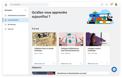 Tableau de bord Workday Learning présentant les vidéos obligatoires et recommandées, ainsi que les vidéos en lien avec vos centres d'intérêt.