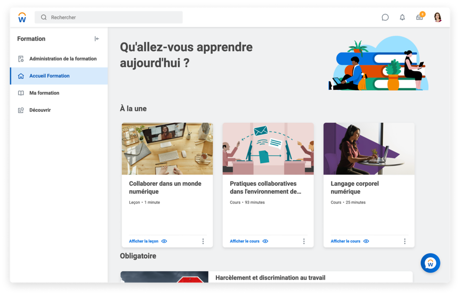 Tableau de bord Workday Learning présentant les vidéos obligatoires et recommandées, ainsi que les vidéos en lien avec vos centres d'intérêt