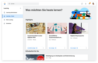 Learning-Dashboard mit erforderlichen und empfohlenen Videos sowie Videos passend zu den Interessen des Anwenders
