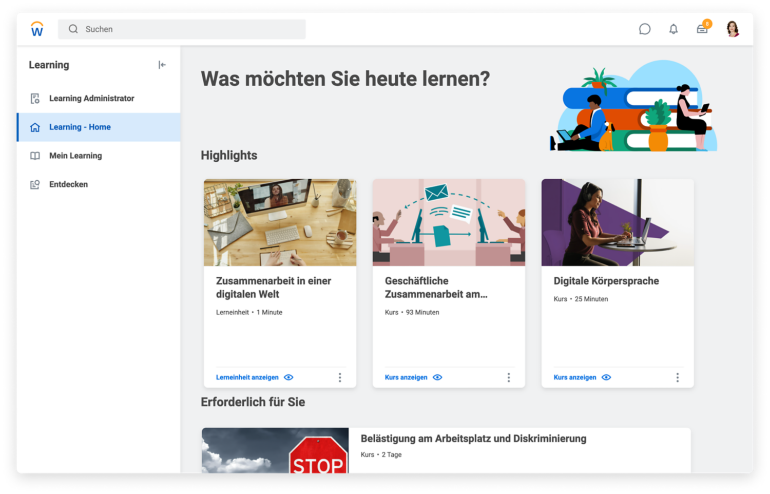 Learning-Dashboard mit erforderlichen und empfohlenen Videos sowie Videos passend zu den Interessen des Anwenders