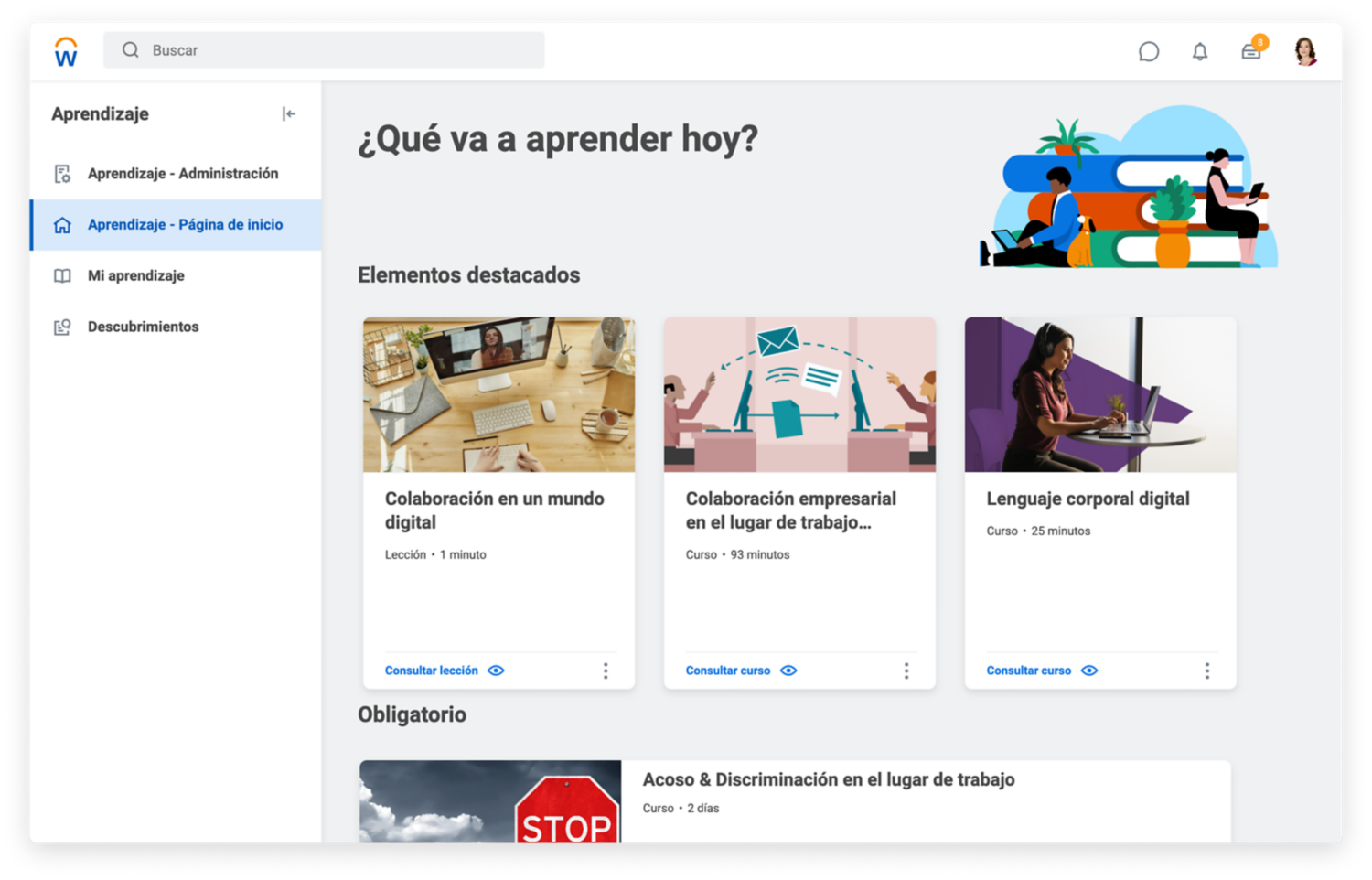 Tablero de mando de aprendizaje que muestra vdeos obligatorios, recomendados y que pueden interesarle