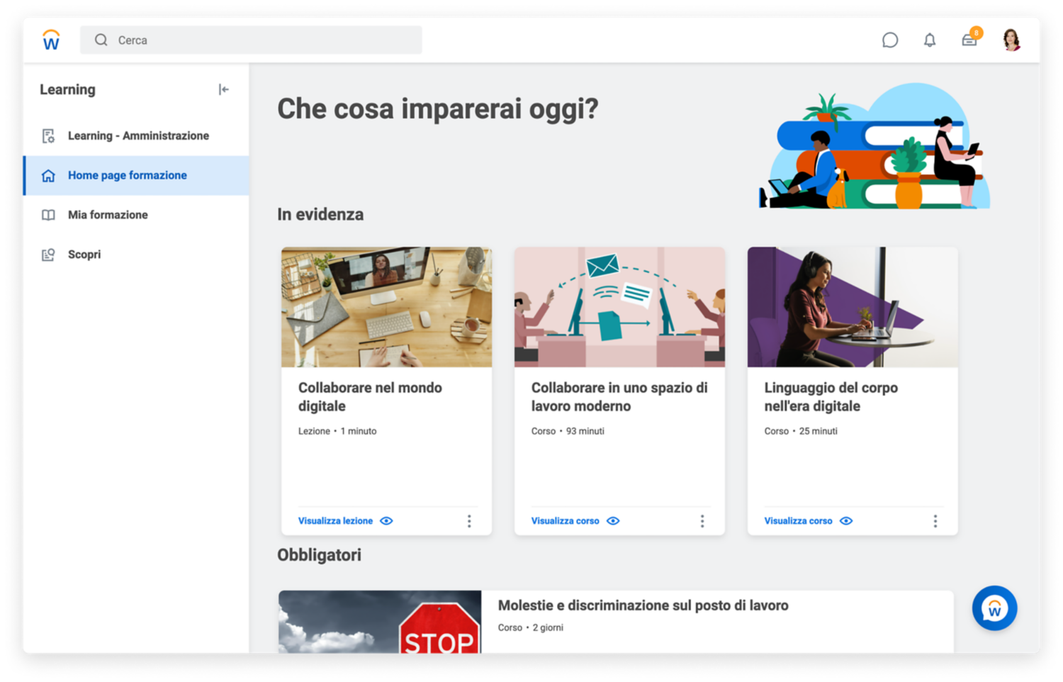 Dashboard di apprendimento con video consigliati, obbligatori e basati sugli interessi individuali