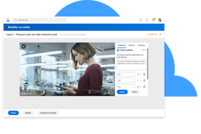 Tableau de bord de modification de média présentant l'ajout d'une composante interactive à un cours en vidéo.