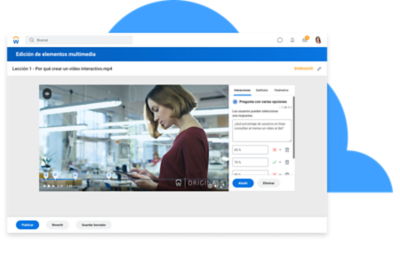 Tablero de mando de edición de medios con un componente interactivo añadido a una lección en vídeo.