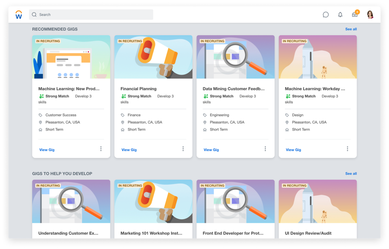 Tableau de bord d'insights des compétences présentant en graphiques les principales compétences dans l'organisation, le top 5 des compétences par site, et les compétences manquantes sur la base des demandes de postes ouvertes.