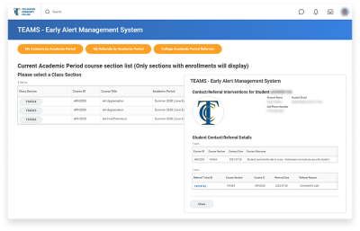 Tallahassee Community College Workday Extend app screen shows a list of the instructor’s courses and interventions for a student