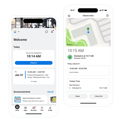 Mobile phone showing check in/check out screen.