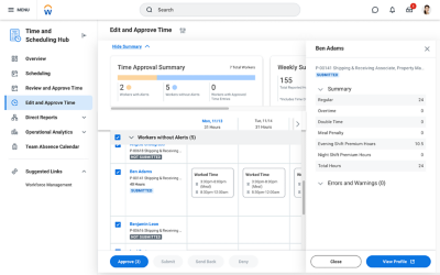 Screenshot of the Time and Scheduling hub displaying the edit and approve time screen for managers to take action on employee time cards, requests, and other alerts.