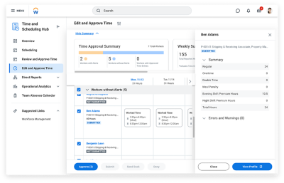 The edit and approve time tab in the hub helps to optimize the manager experience by automatically surfacing warnings and alerts.