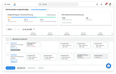 Die Registerkarte „Zeit bearbeiten und genehmigen“ im Hub hilft, die Managererfahrung zu optimieren, indem Warnungen und Alerts automatisch angezeigt werden.