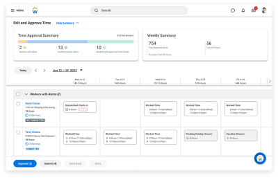 The edit and approve time tab in the hub helps to optimise the manager experience by automatically surfacing warnings and alerts.